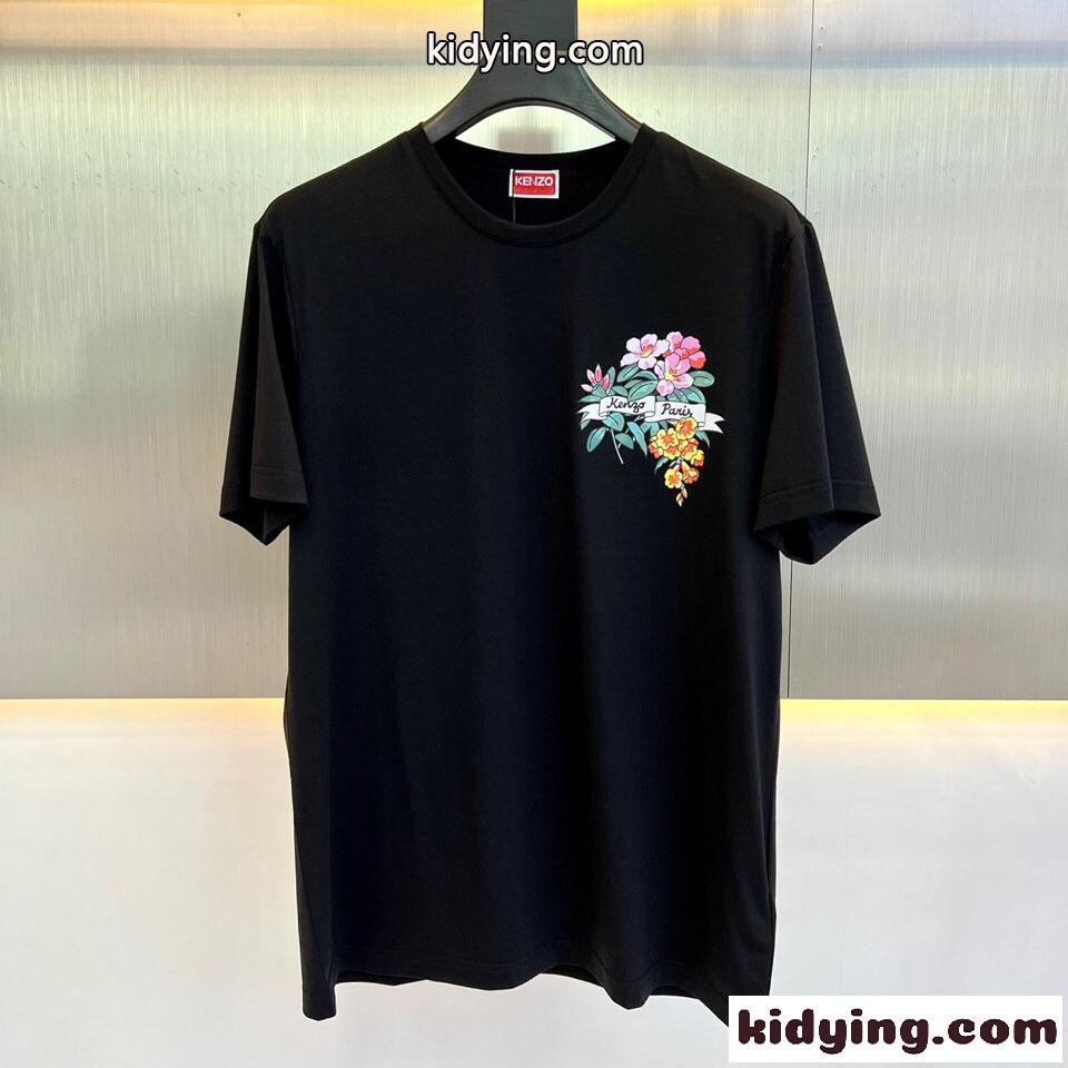 ALOHA FLOWER TATTOO プリント クルーネック ケンゾー Tシャツ コピー ブラック-0