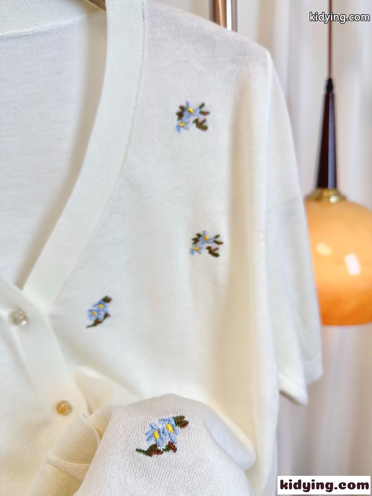 刺繍入り Vネック 半袖カーディガン プラダ ニット 偽物 レディース ホワイト-4