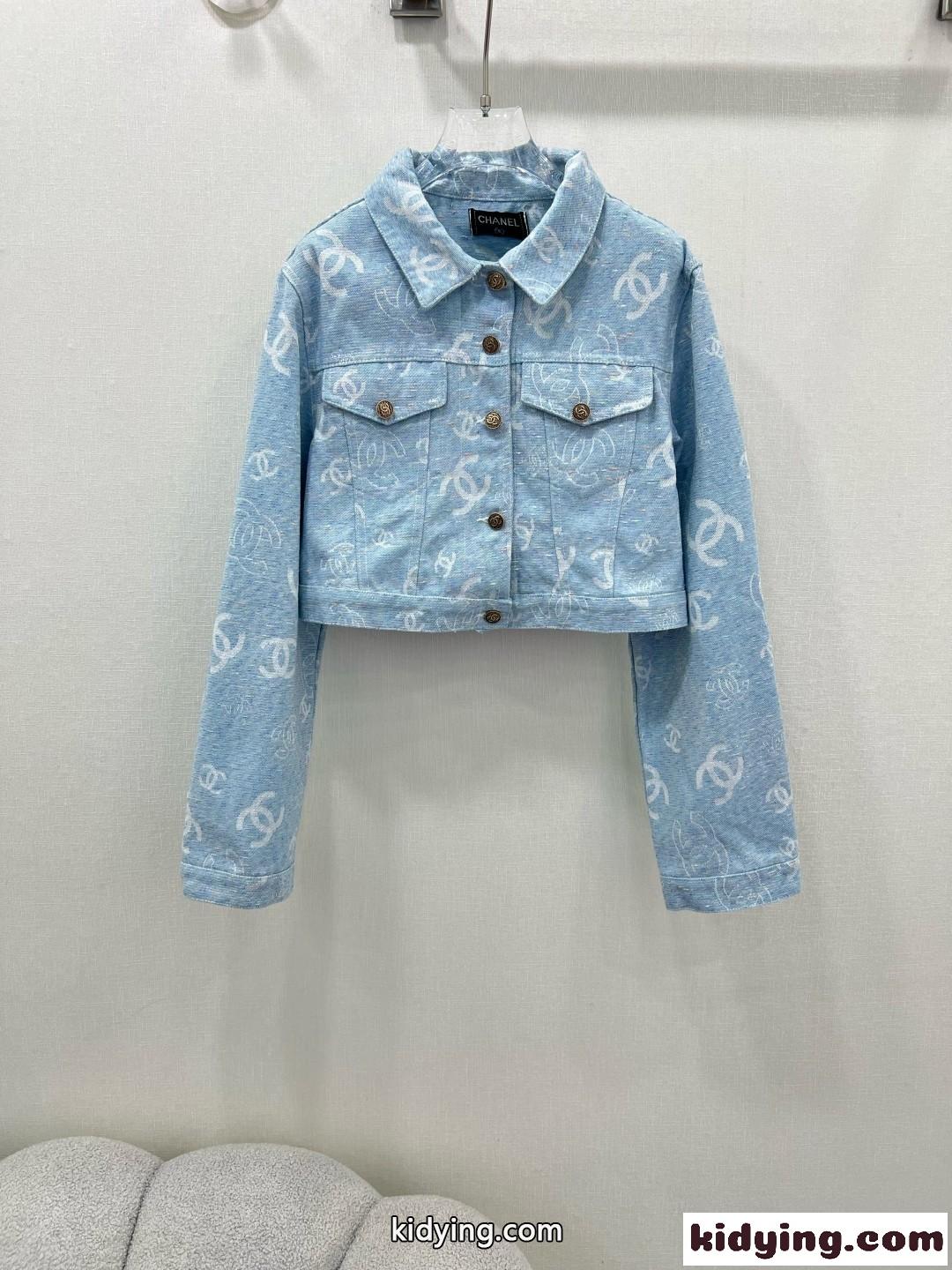 可愛い お洒落 ショート丈 デニムジャケット シャネル ジャケット コピー ブルー-0