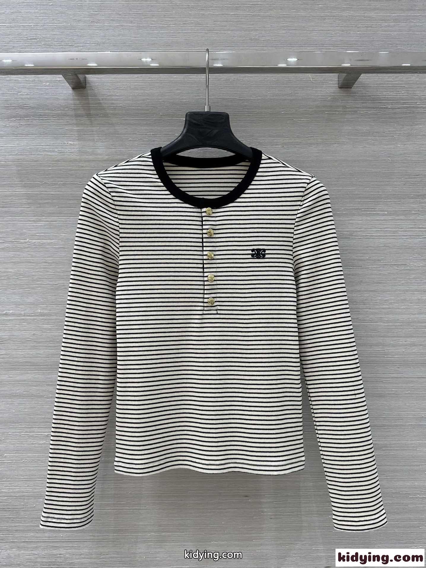 ボーダー柄 ヘンリーネック 長袖Tシャツ セリーヌ Tシャツ コピー トップス-0
