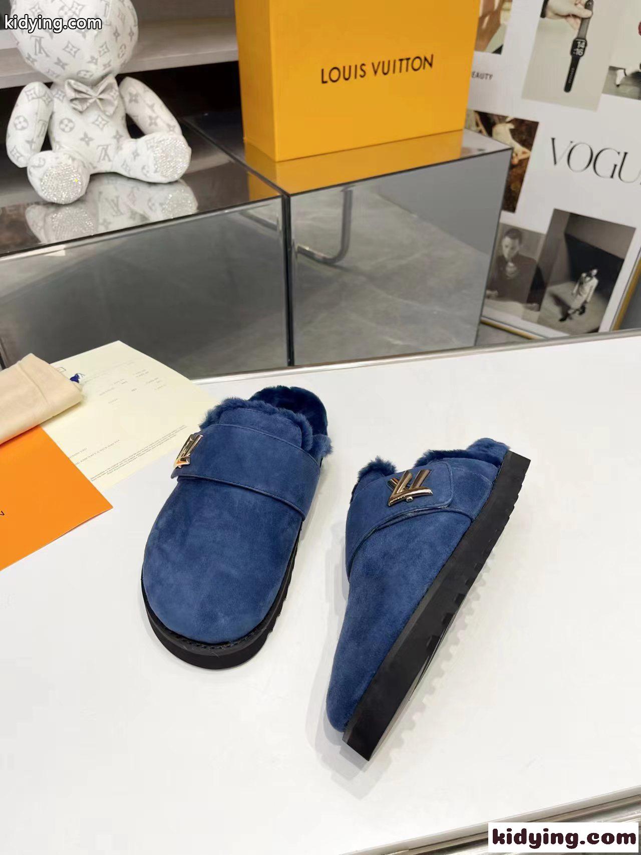 秋冬 ふわふわ LV コージー ミュール サンダル ルイヴィトン サンダル コピー ブルー-1
