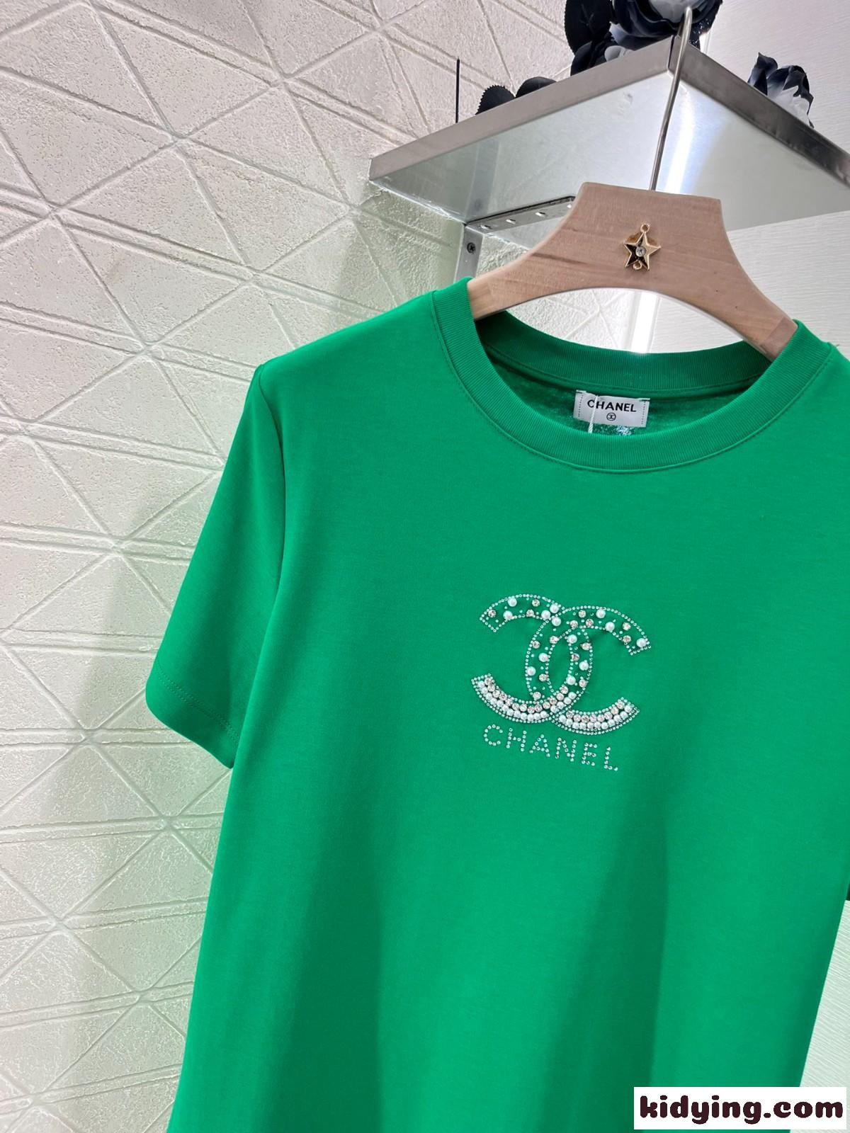 シンプル ロゴ入り シャネル Tシャツ コピー コットン 半袖Tシャツ グリーン-2
