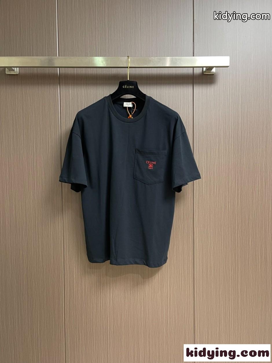 シンプル ロゴ刺繍 半袖Tシャツ セリーヌ Tシャツ 偽物 ユニセックス ブラック-1