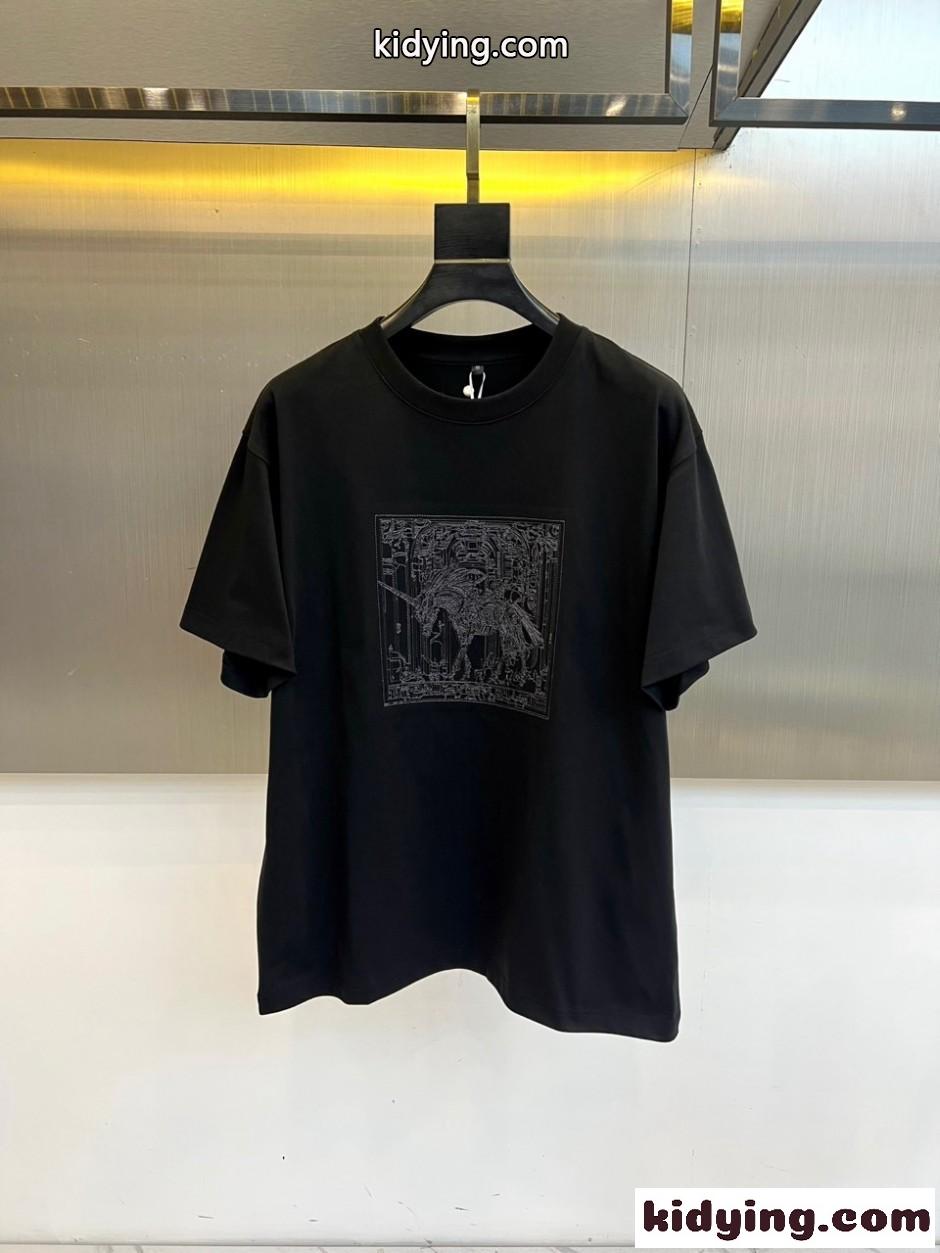 お洒落 カジュアル エルメス Tシャツ 偽物 コットン 半袖Tシャツ ブラック-0