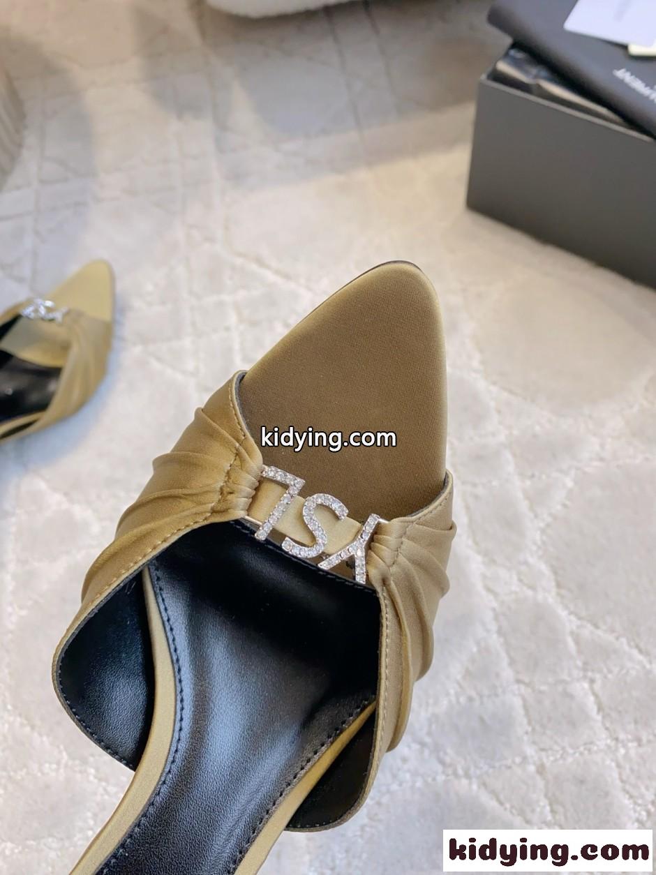 上品 洗練された サテン YSL ジェリー ミュール イヴ・サンローラン サンダル コピー カーキ-3