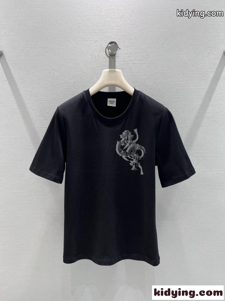 コットン プリント 半袖Tシャツ エルメス Tシャツ コピー クルーネック ブラック-0
