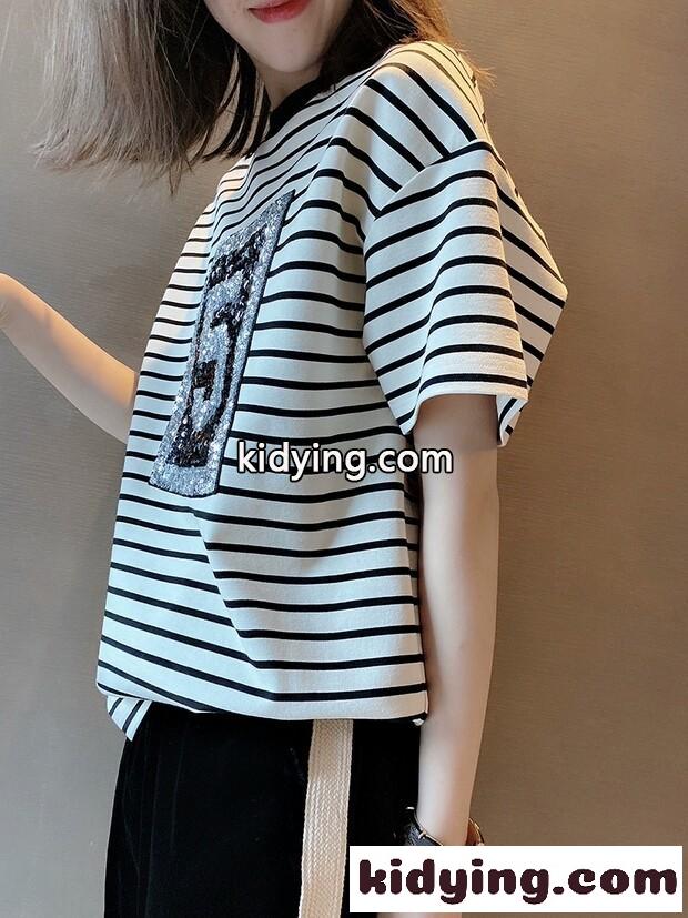 オシャレ 人気 ストライプ ラウンドネック ゆったり カジュアル シャネル tシャツ コピー 半袖 トップス-3