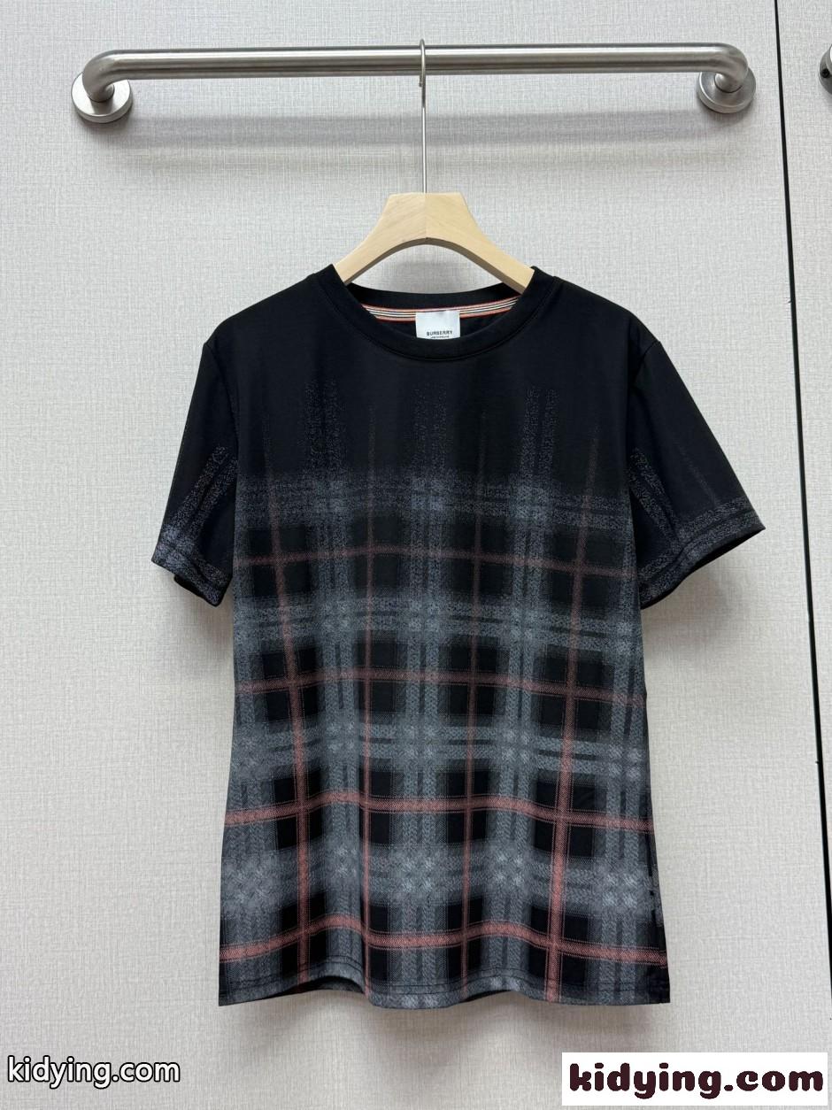 グラデーションチェック クルーネック 半袖Tシャツ バーバリー Tシャツ 偽物 ブラック-0