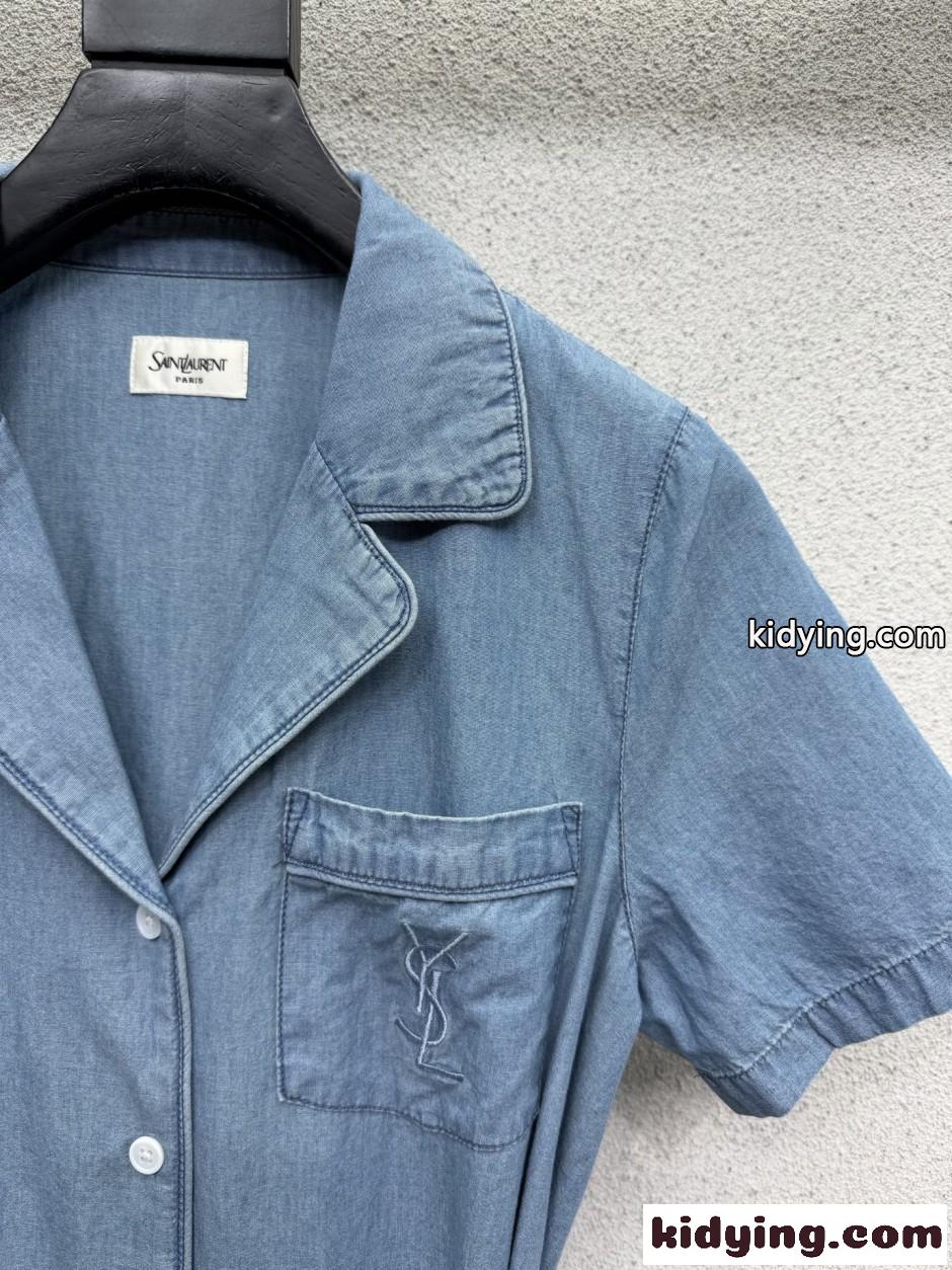 YSLロゴ ベルテッド デニム ショートスリーブシャツ イヴ・サンローラン シャツ コピー-1