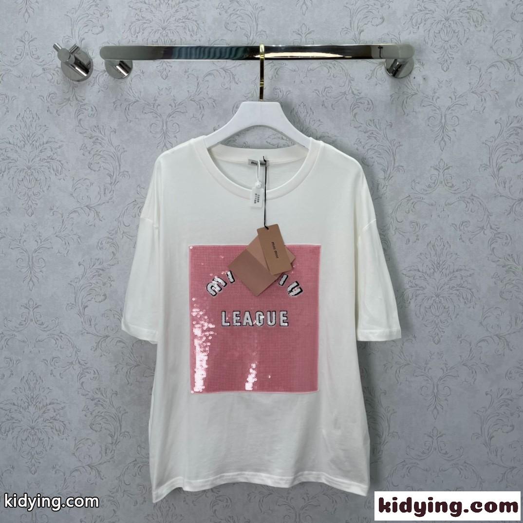 2022春夏新作 人気 刺繍 スパンコール ラウンドネック ゆったり ミュウミュウ 半袖tシャツ コピー レディース-0