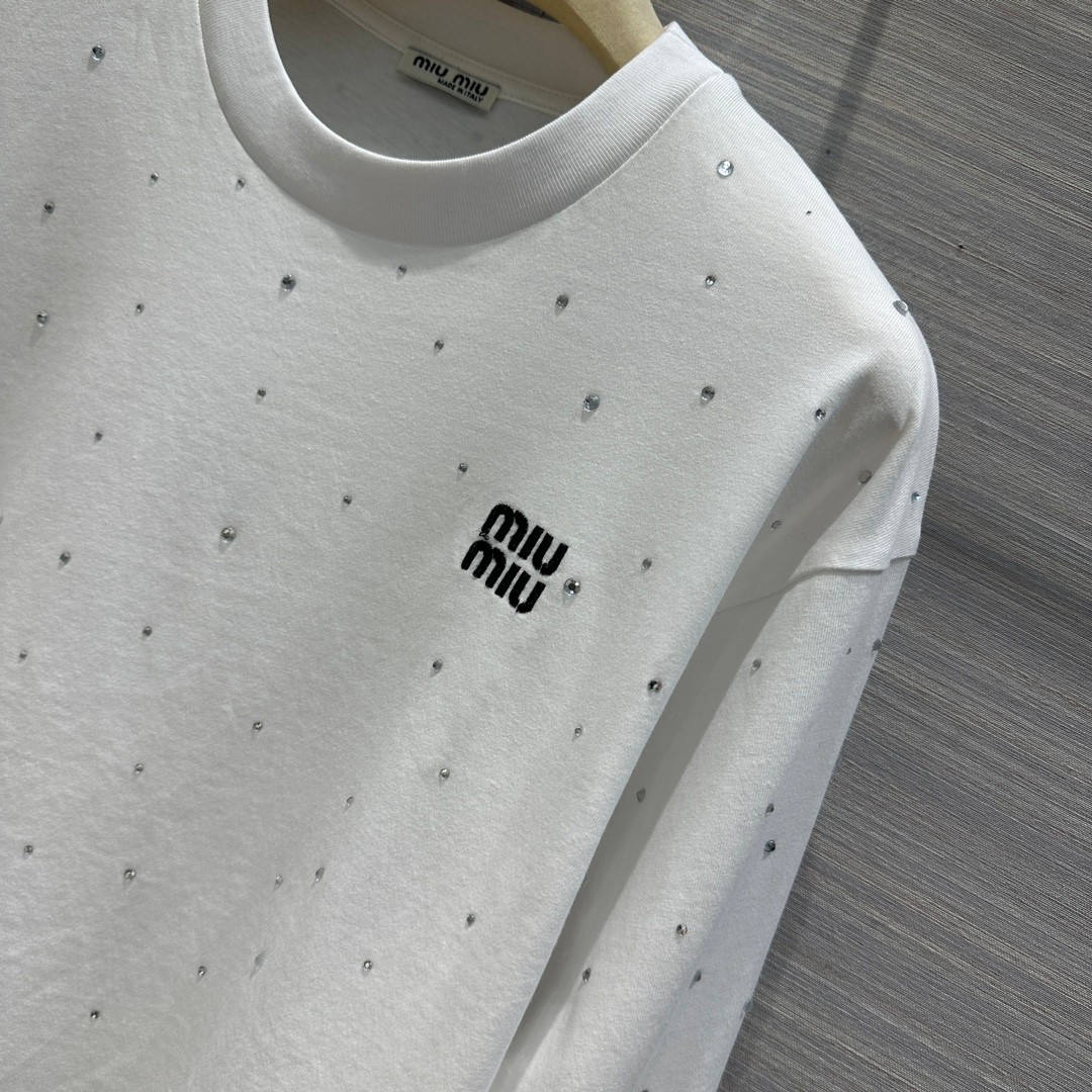 カジュアル クルーネック クリスタル付 ミュウミュウ Tシャツ コピー ロングスリーブ ホワイト-1