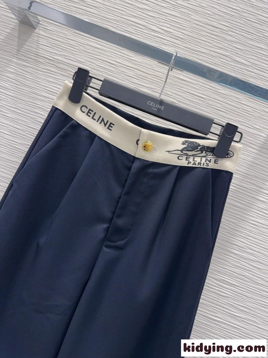 セリーヌ パンツ 偽物 おしゃれ ロゴウエスト ワイドパンツ ネイビー-2