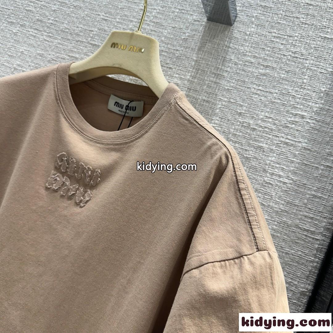 カジュアル ゆったり コットン 半袖Tシャツ ミュウミュウ Tシャツ コピー-1