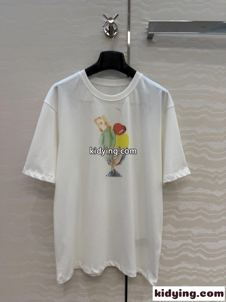 カジュアル プリント クルーネック半袖Tシャツ フェンディ Tシャツ 偽物 ホワイト-0