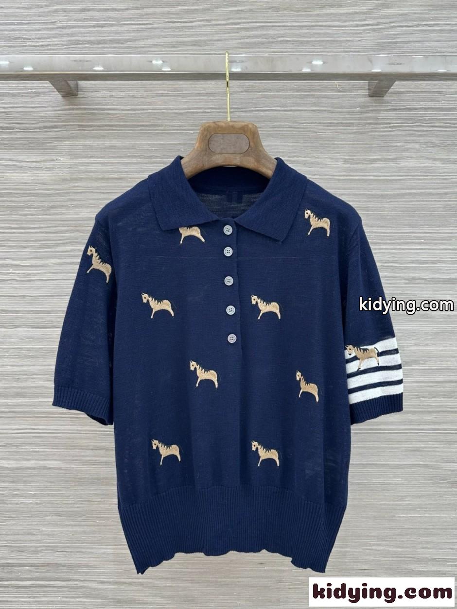 遊び心あふれる 刺繍入り 半袖ニット トムブラウン ニット コピー ネイビー-0