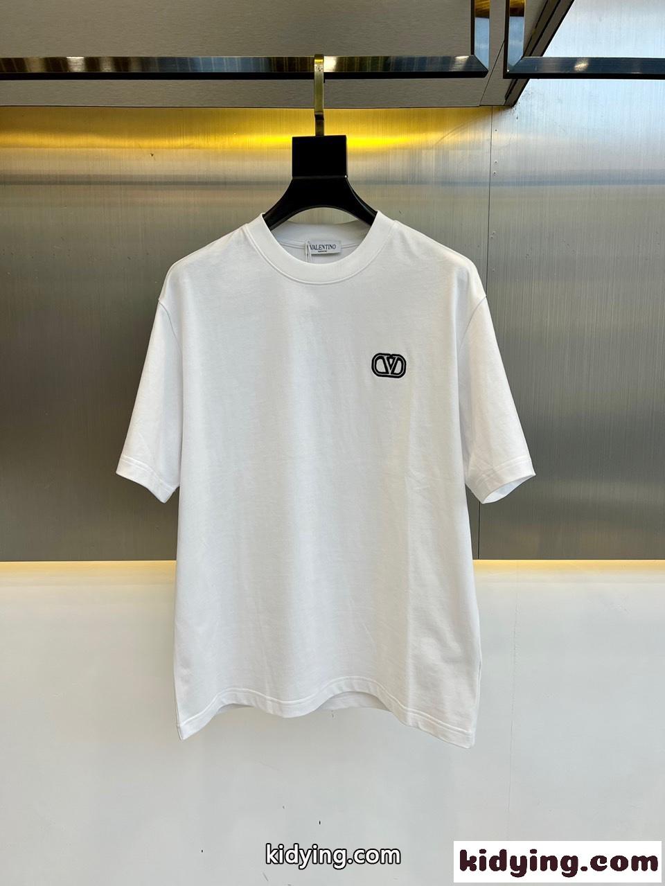 Vロゴ 刺繍入り コットン 半袖Tシャツ ヴァレンティノ Tシャツ コピー メンズ ホワイト-0
