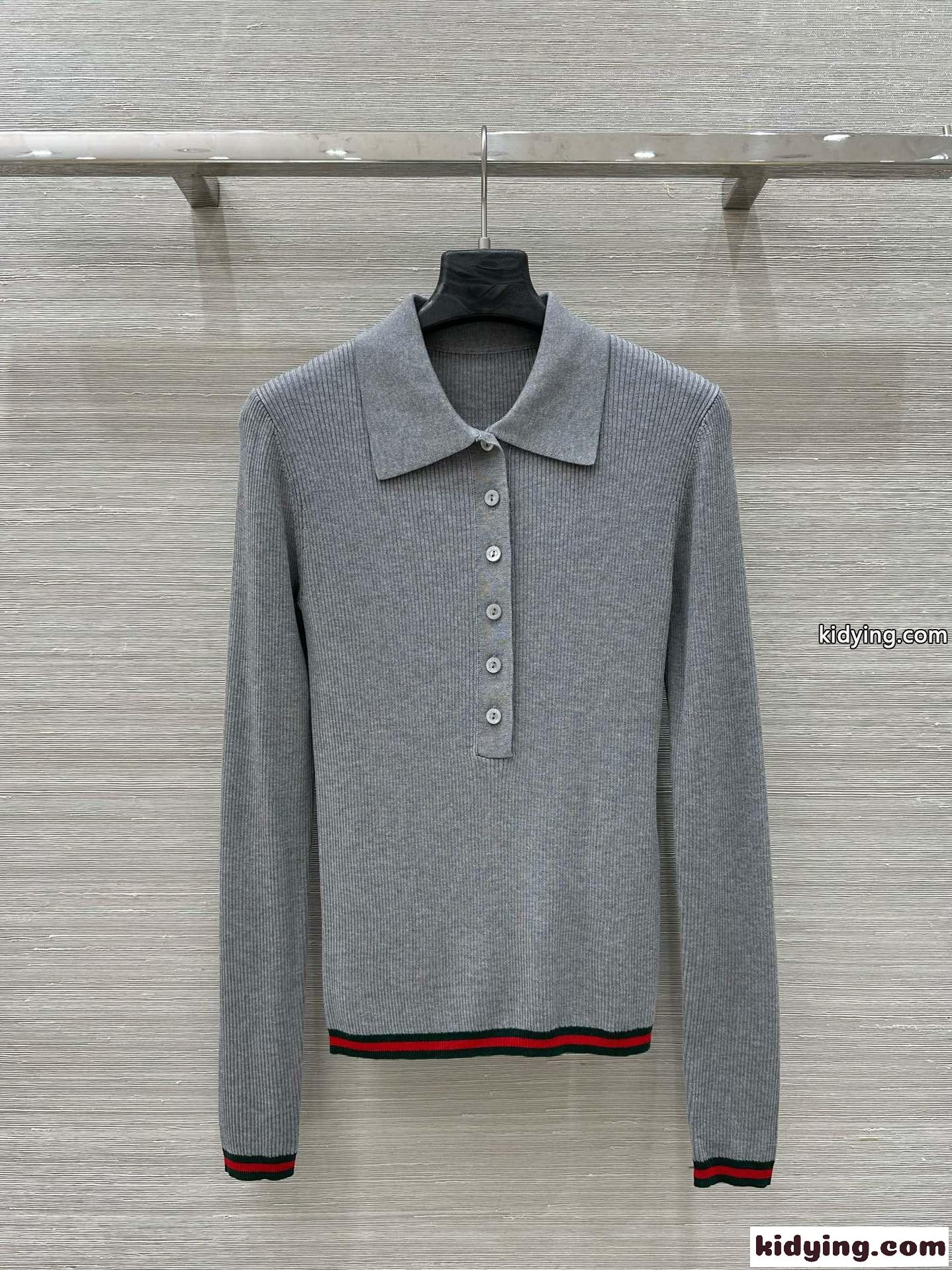 ウェブ ストライプ カシミア&シルク ポロトップ グッチ ニット コピー グレー-0