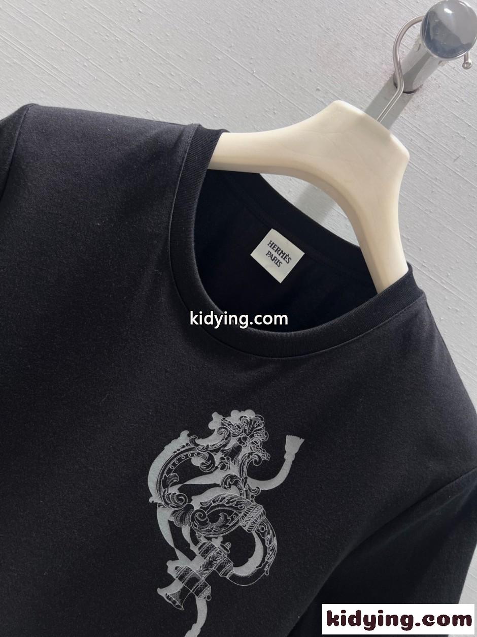 コットン プリント 半袖Tシャツ エルメス Tシャツ コピー クルーネック ブラック-2