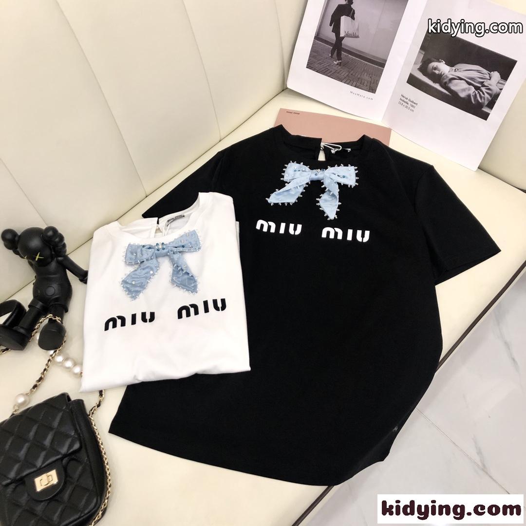 ベーシック 可愛い ロゴ プリント リボン クルーネック ミュウミュウ 半袖tシャツ コピー 春夏 レディース トップス-2