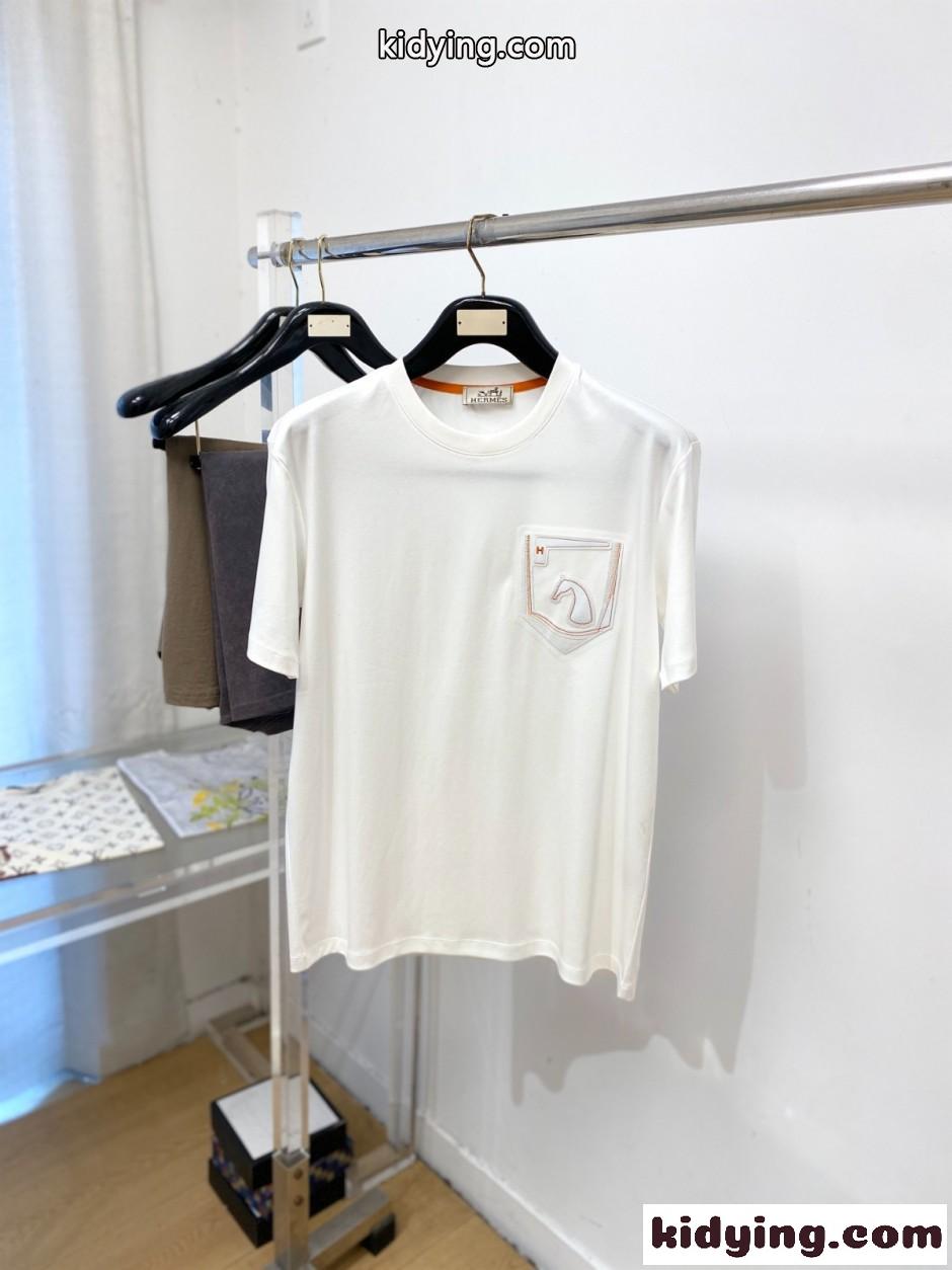 異素材ディテール クルーネック 半袖Tシャツ エルメス Tシャツ 偽物 ホワイト-0