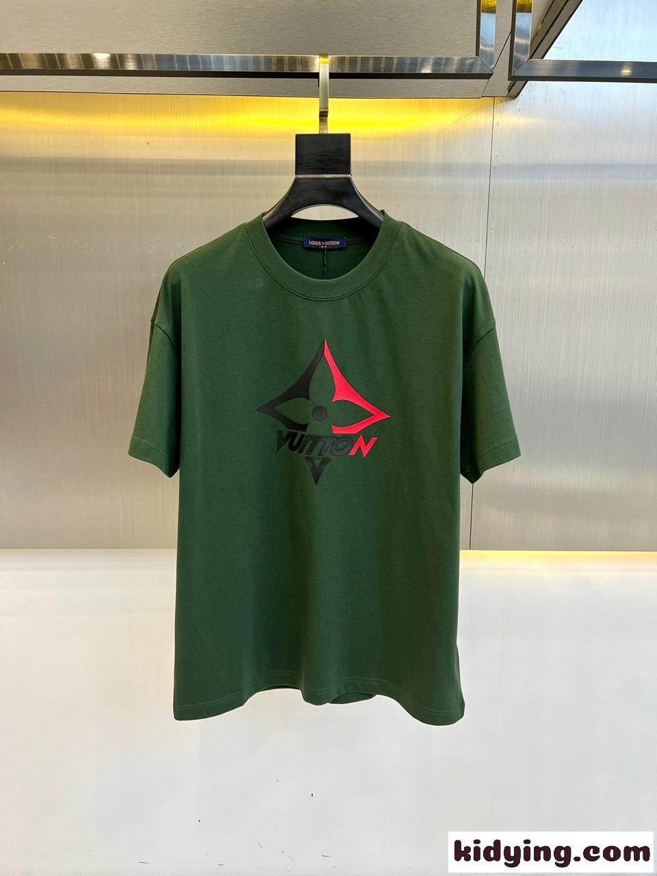 カジュアル プリント クルーネック ルイ・ヴィトン 半袖Tシャツ コピー グリーン-0