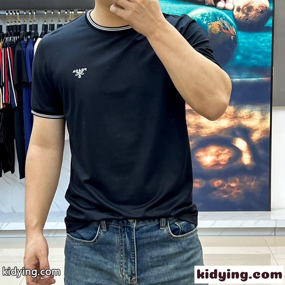 カジュアル ロゴ プラダ 半袖Tシャツ コピー クルーネック ブラック-1