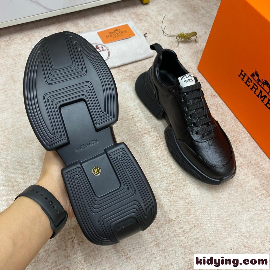 定番 メンズ カジュアルジューズ レースアップ エルメス スニーカー コピー レザー スポーツジューズ コンフォート ブラック-4