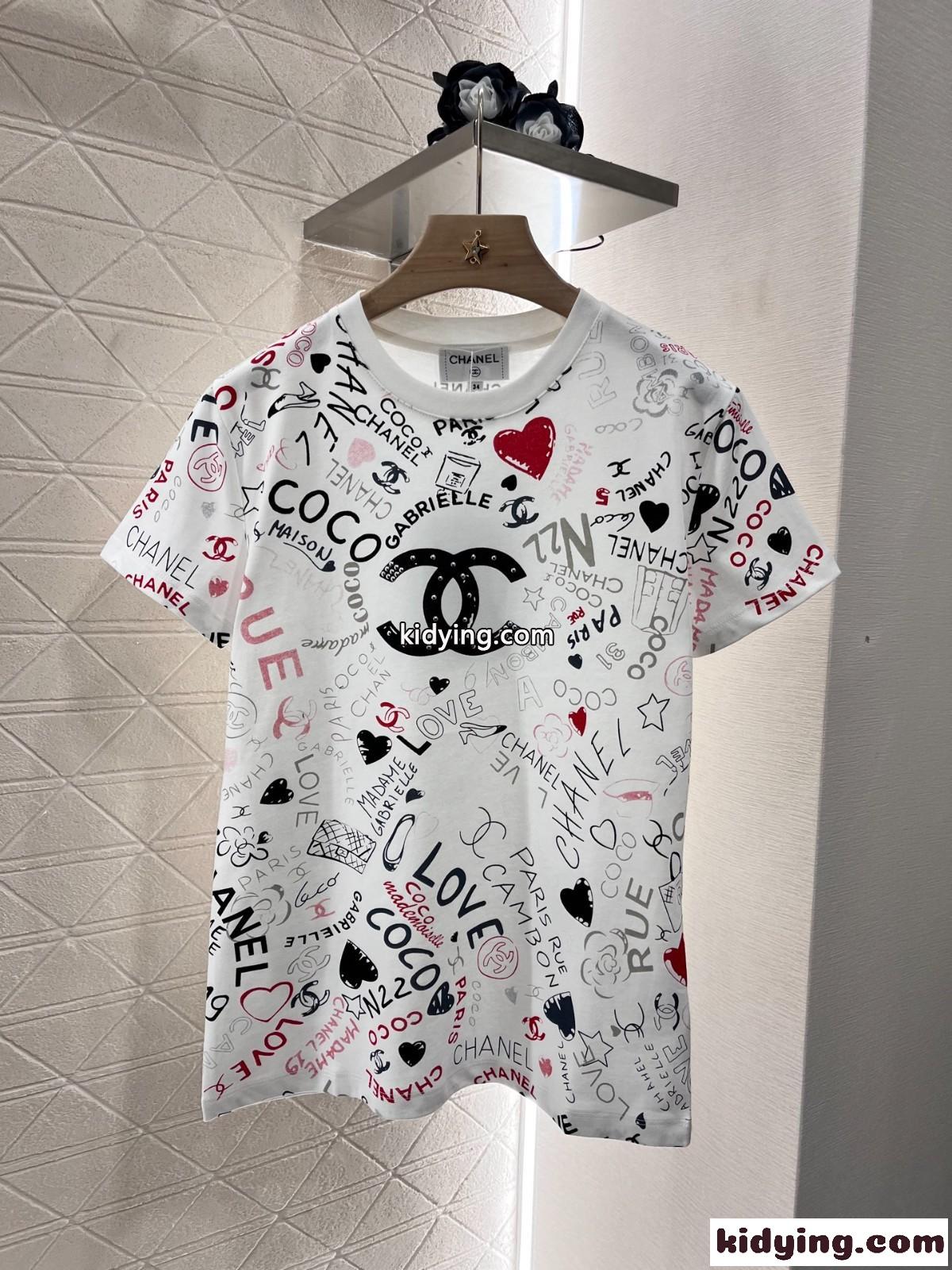 おしゃれ プリント クルーネック シャネル Tシャツ コピー コットン 半袖Tシャツ ホワイト-2