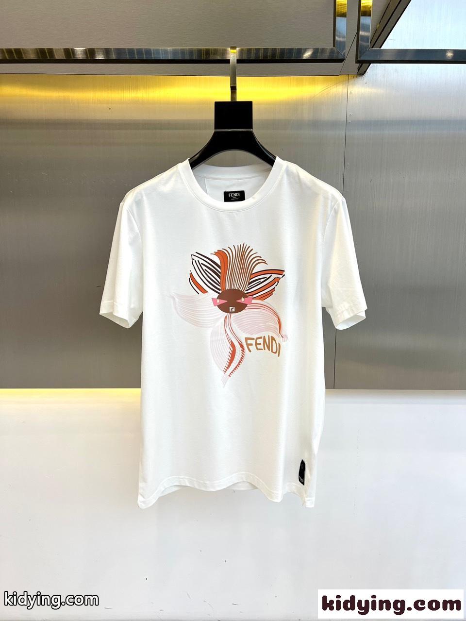 カジュアル プリント コットン 半袖Tシャツ フェンディ Tシャツ 偽物 ホワイト-0