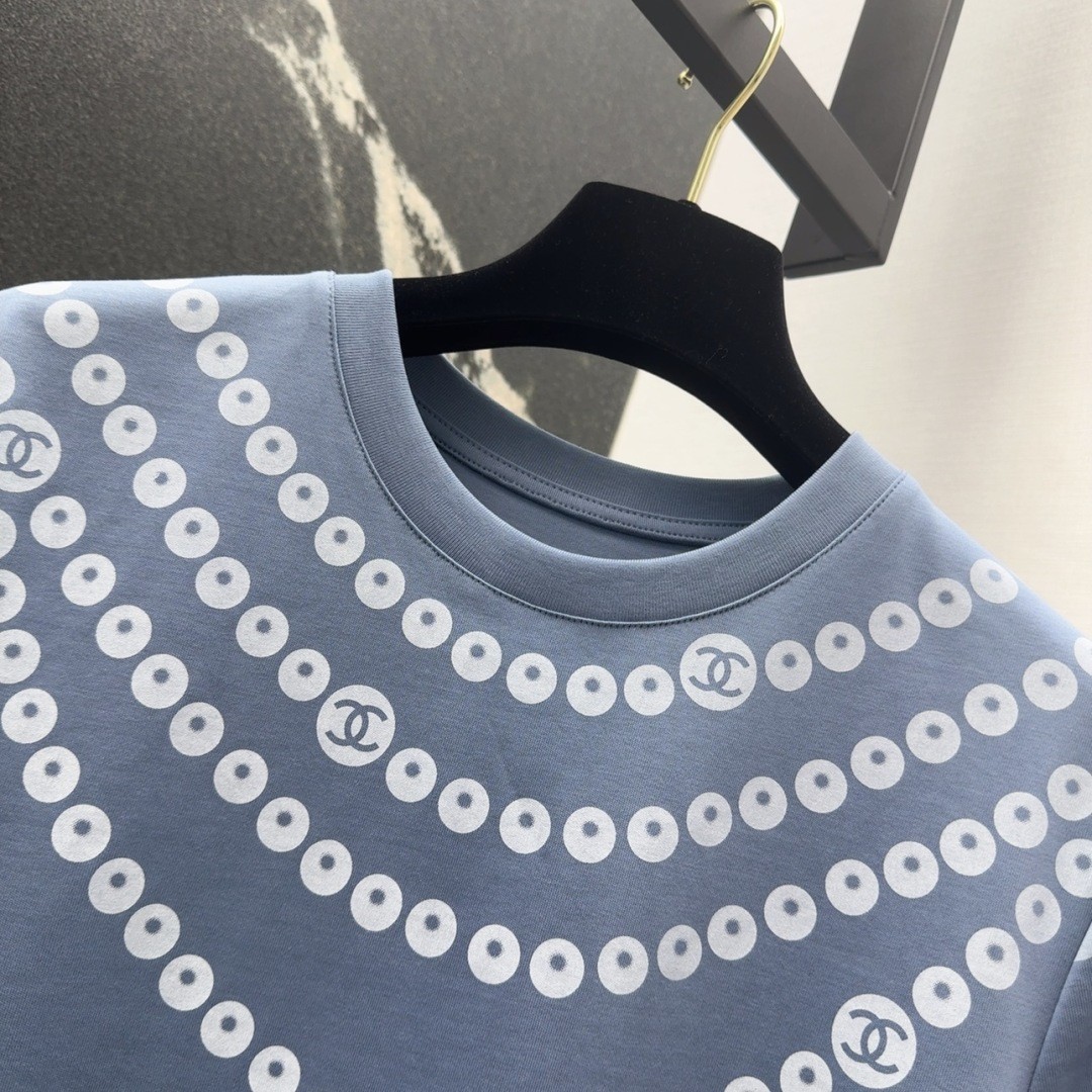 お洒落 パールプリント 半袖Tシャツ シャネル Tシャツ コピー コットン ブルー-2