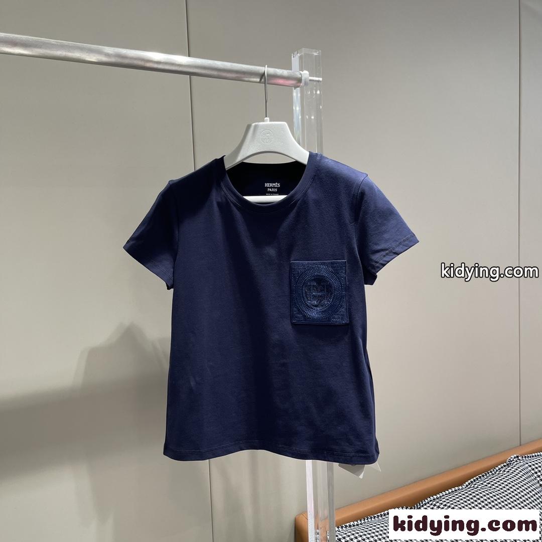 シンプル 刺繍入りポケット 半袖Tシャツ エルメス Tシャツ コピー コットン 快適-1