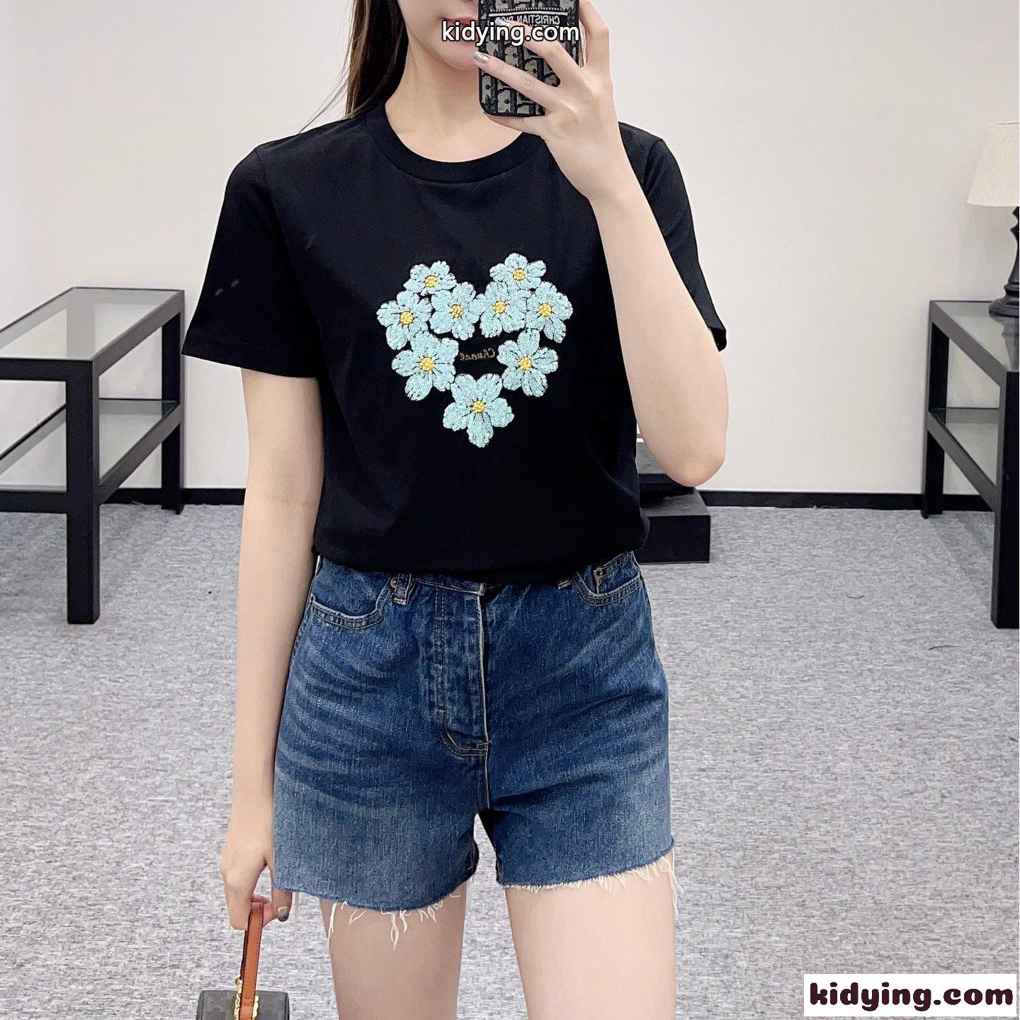 シンプル コットン 半袖Tシャツ シャネル Tシャツ スーパーコピー ブラック-0