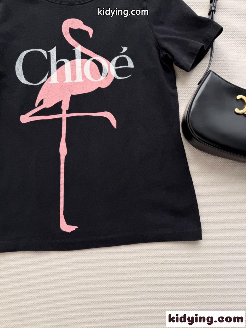 カジュアル ロゴプリント 半袖Tシャツ クロエ Tシャツ コピー クルーネック ブラック-4