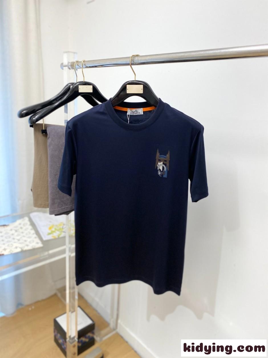 カジュアル レザーパッチ 半袖Tシャツ エルメス Tシャツ 偽物 ネイビー-0