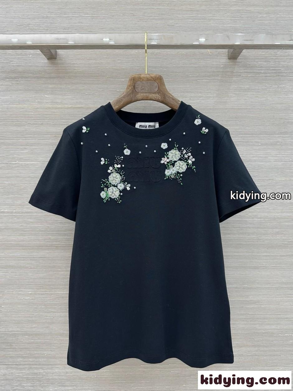フラワー刺繍 クルーネックTシャツ ミュウミュウ Tシャツ コピー ブラック-0