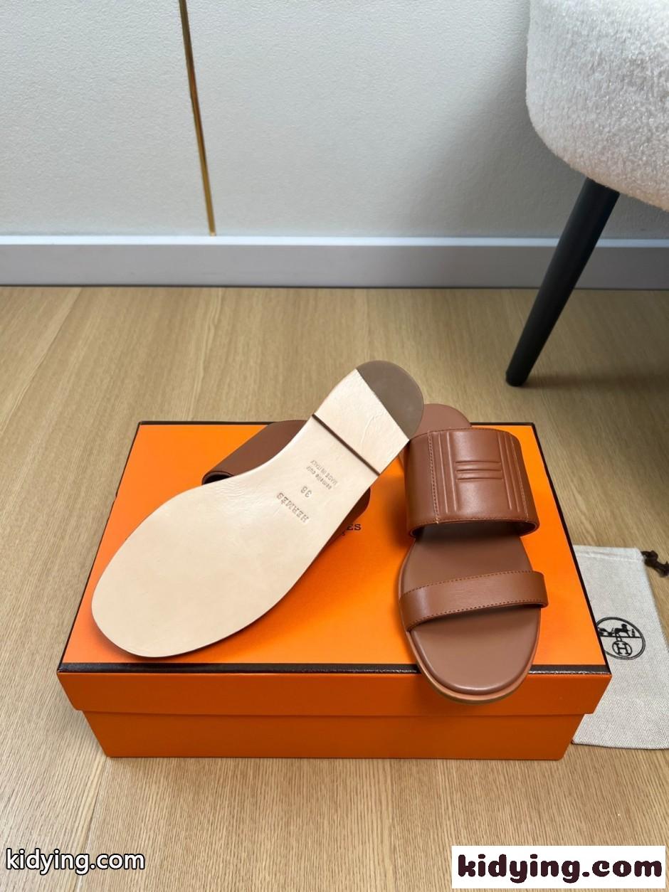 上品 シンプル エルメス サンダル モナ スーパーコピー Hロゴ ブラウン-3