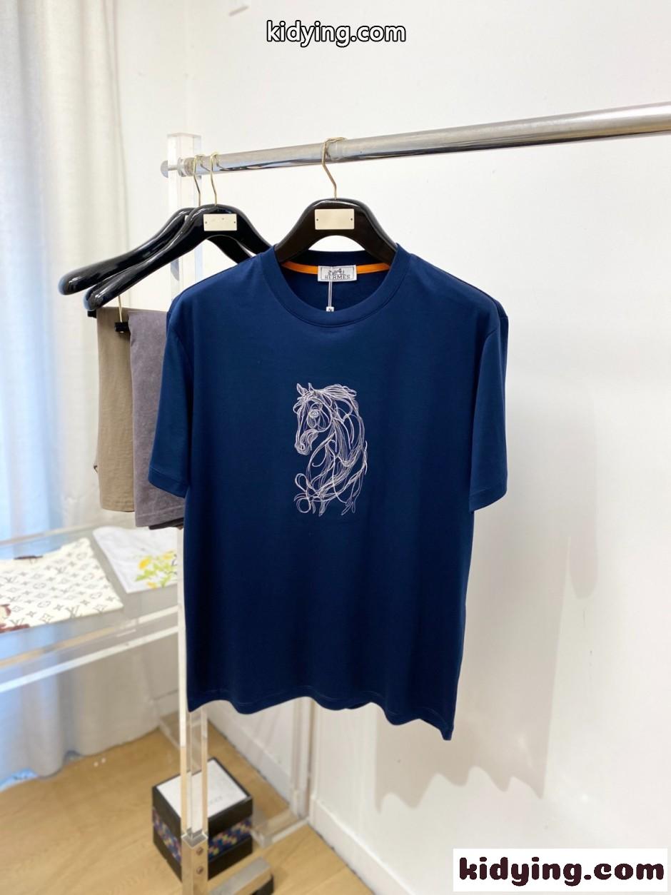 カジュアル 洗練された クルーネック エルメス Tシャツ 偽物 ネイビー-0