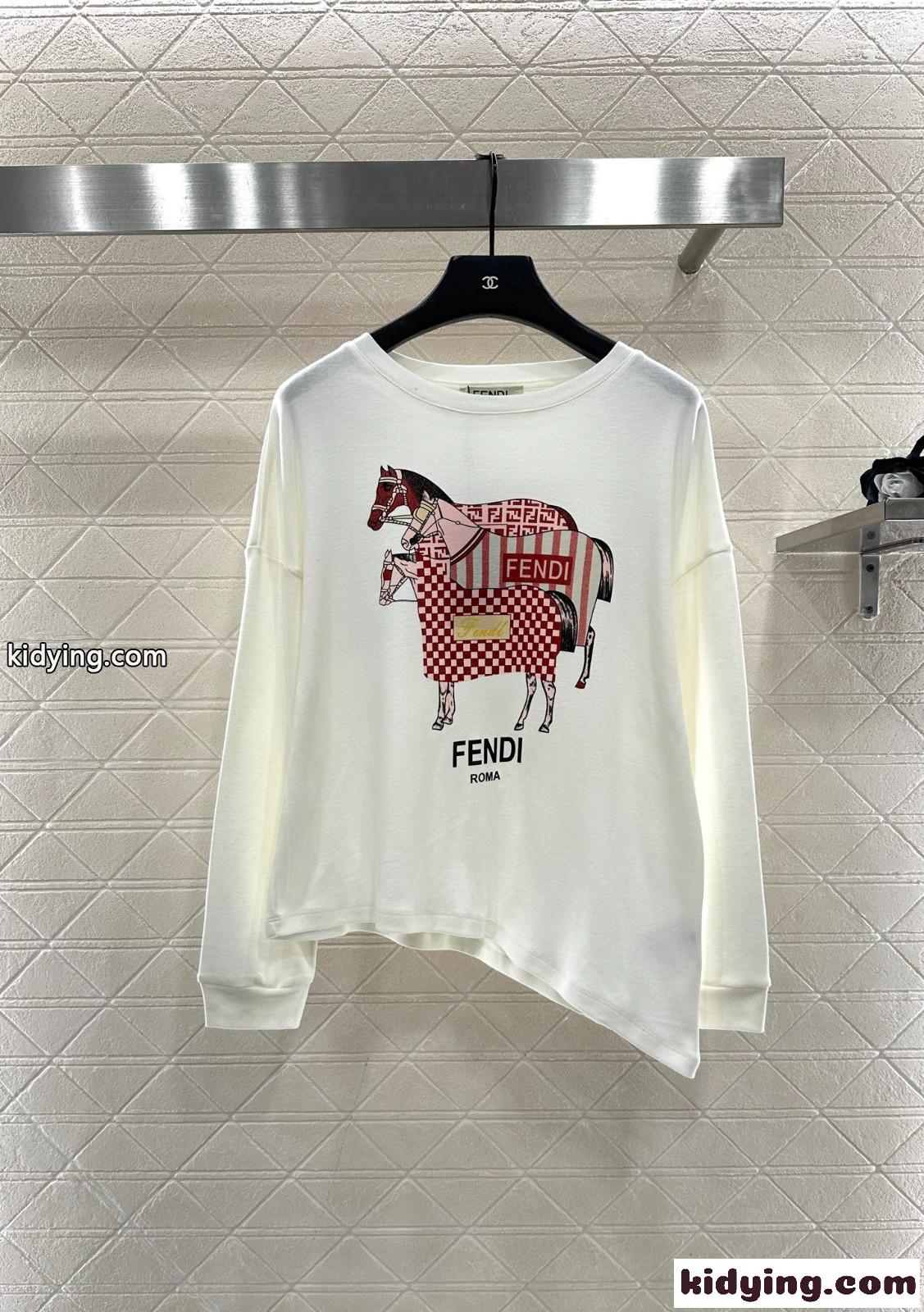 目を引く プリント ロングスリーブTシャツ フェンディ Tシャツ 偽物 コットン-0