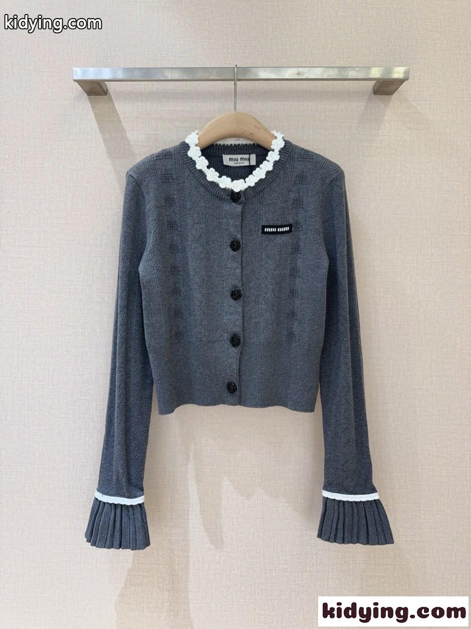 可愛い ウールコットン ミュウミュウ ニット コピー クロップド カーディガン-0