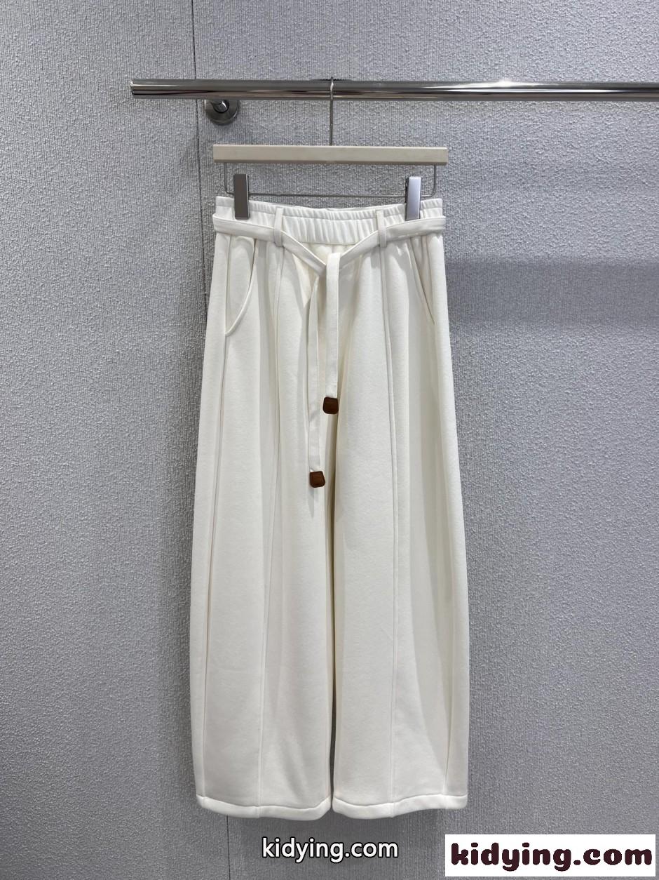 ロエベ パンツ 偽物 ベルト付き リラックス 裏起毛 ワイドパンツ オフホワイト-0
