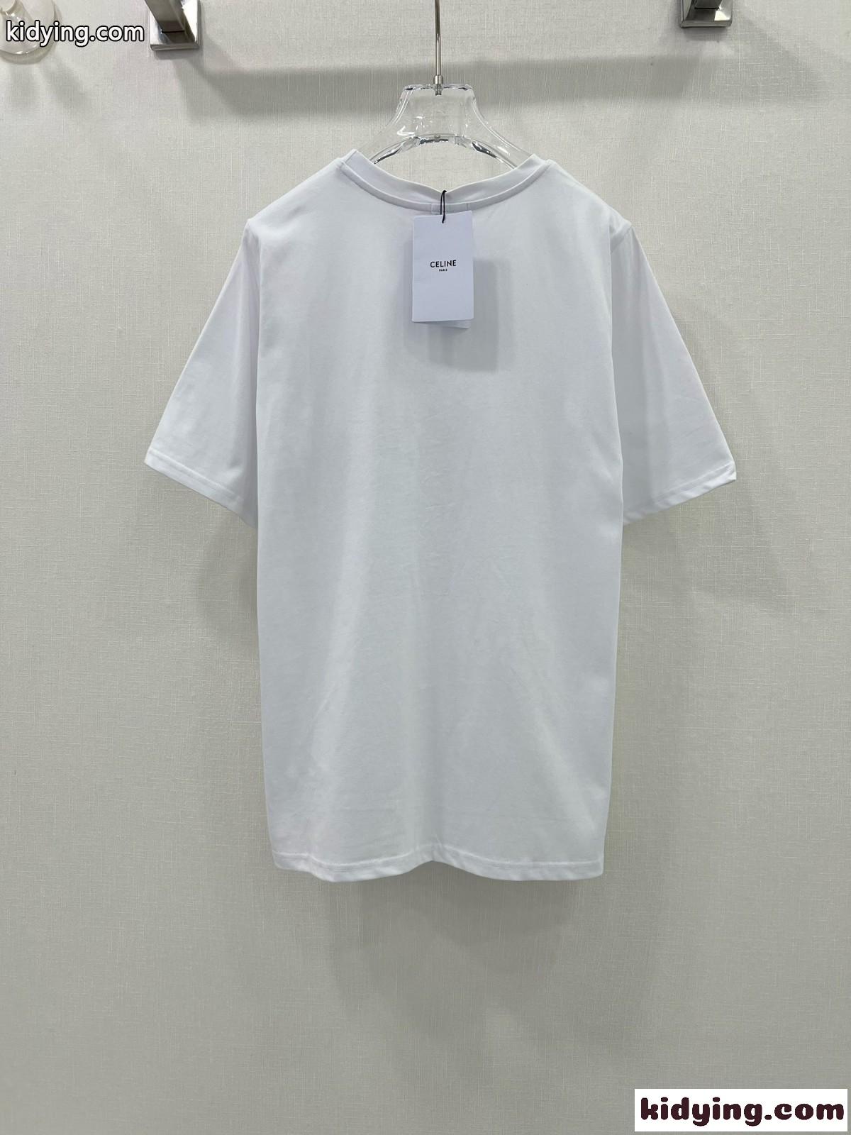 ラインストーン付き ロゴ 半袖Tシャツ セリーヌ Tシャツ コピー ホワイト-4