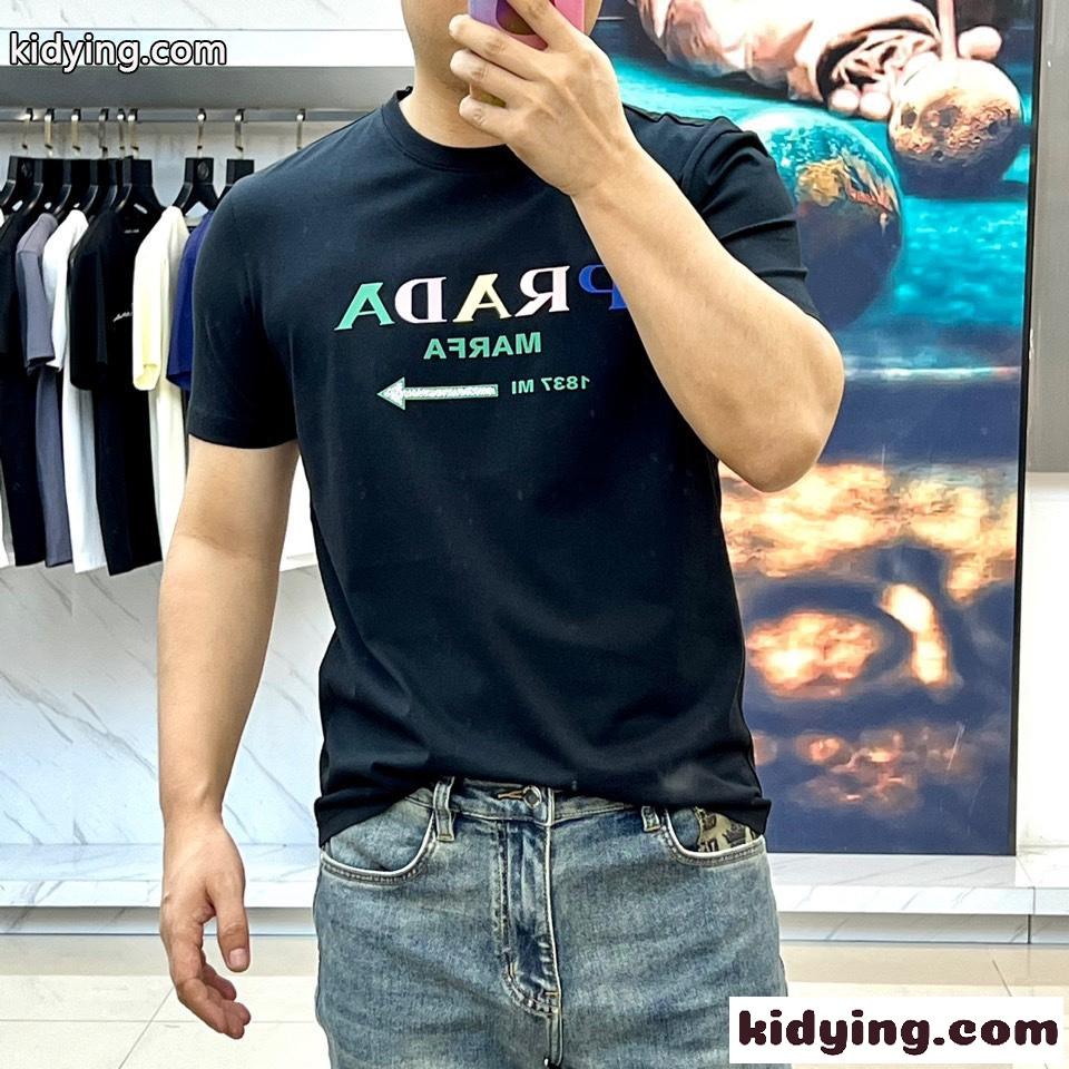 カジュアル ロゴ入り クルーネック プラダ Tシャツ コピー 半袖Tシャツ ブラック-1