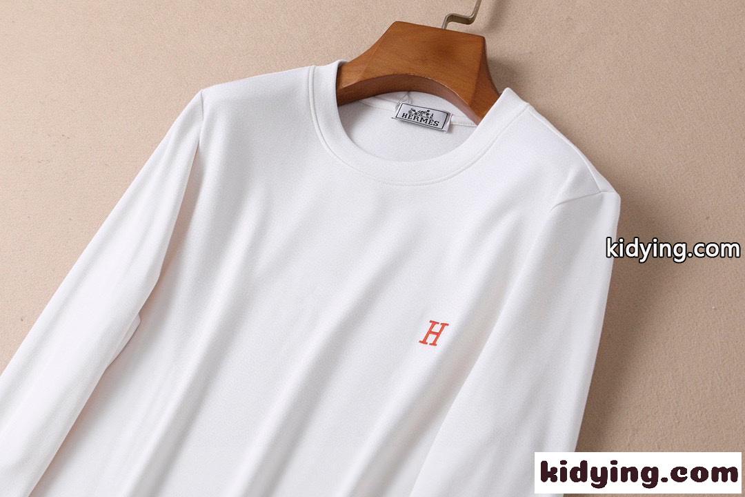 ベーシック ファッション エルメス tシャツ メンズ コピー プルオーバー 長袖 ホワイト ブラック ロゴ 刺繍-3