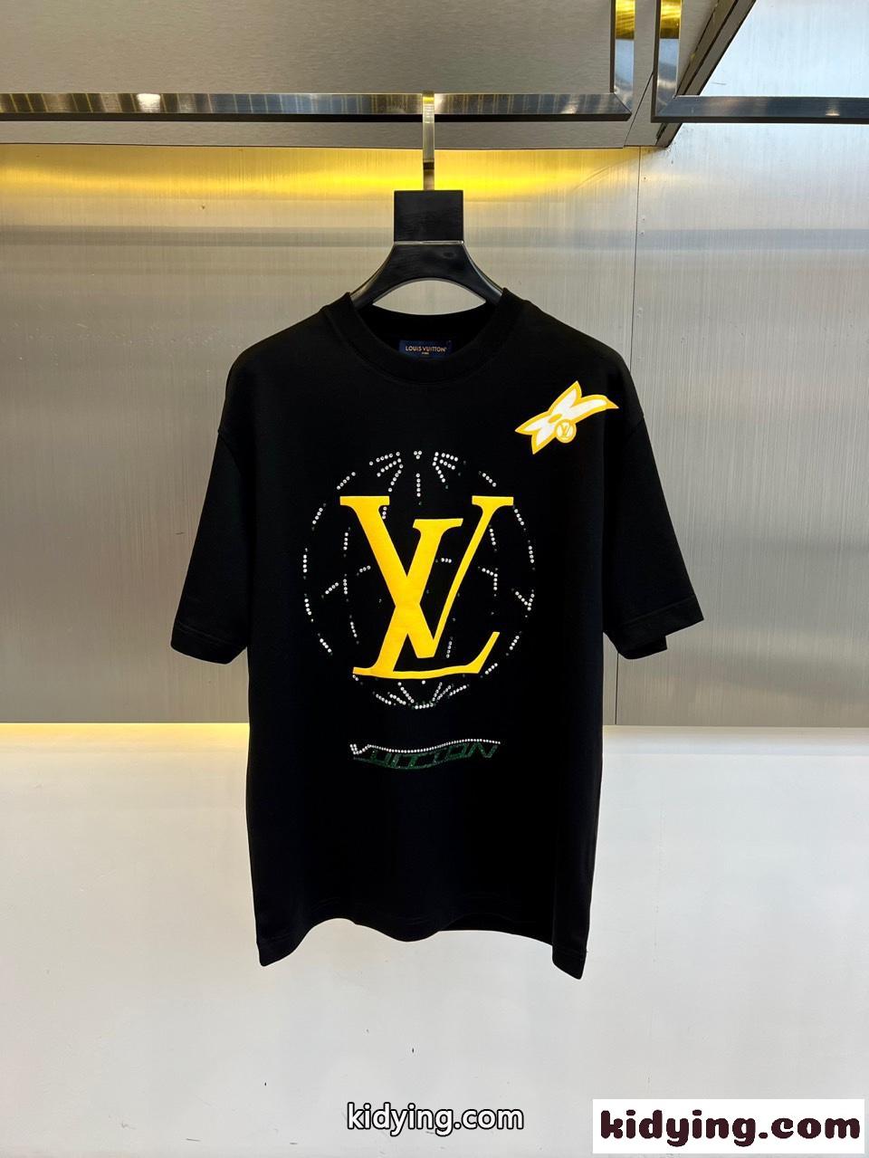 お洒落 プリント クルーネック ルイ・ヴィトン Tシャツ 偽物 ブラック-2