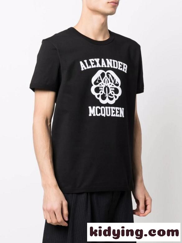 ベーシック カジュアル プリント クルーネック 快適 アレキサンダー・マックイーン 半袖Tシャツ コピー トップス ブラック-1