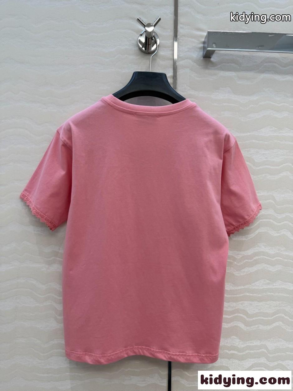 刺繍入り コットン 半袖Tシャツ エルメス Tシャツ コピー クルーネック ピンク-4