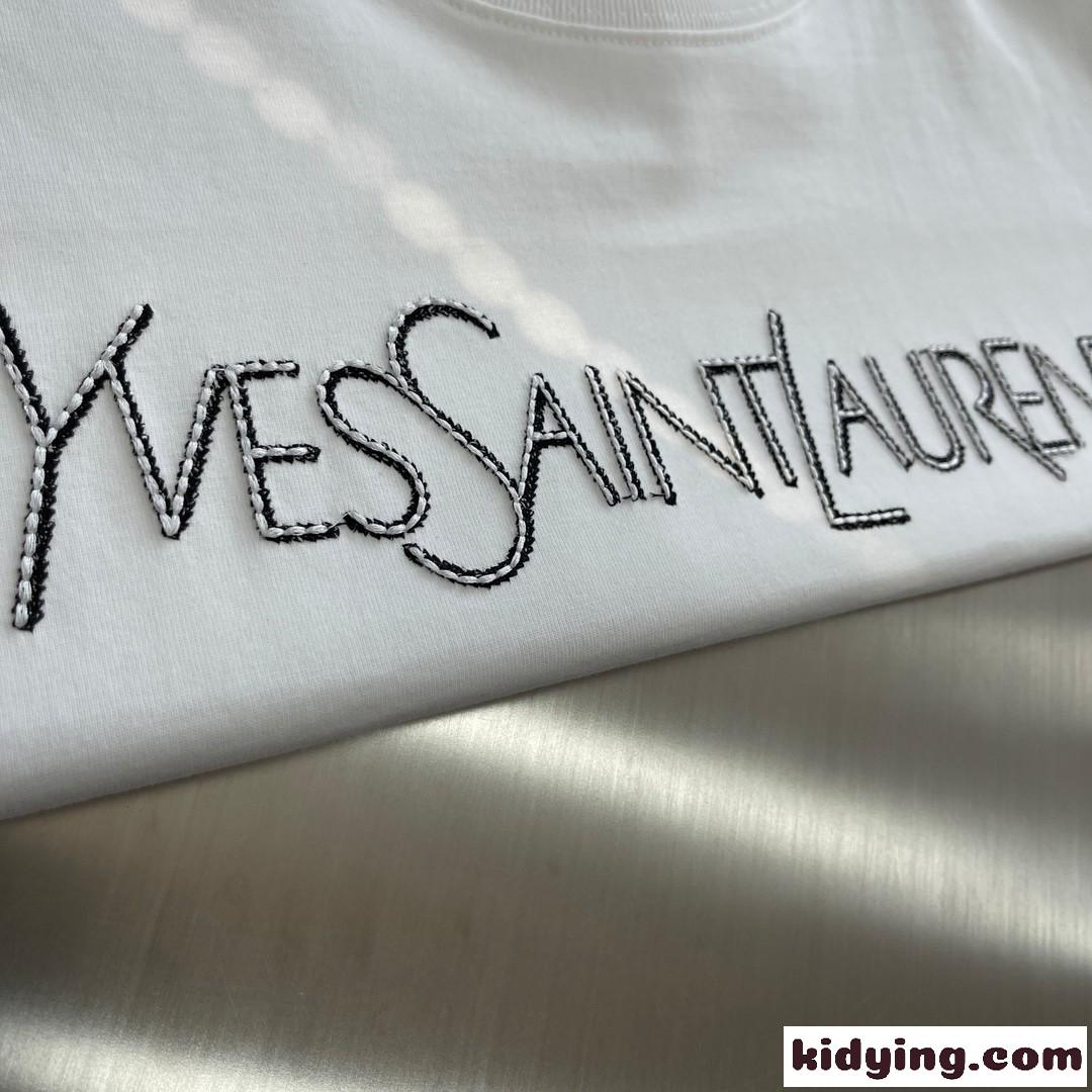 ベーシック 着回し ロゴ 刺繍 イヴ・サンローラン Tシャツ コピー クルーネック コットン ホワイト-0