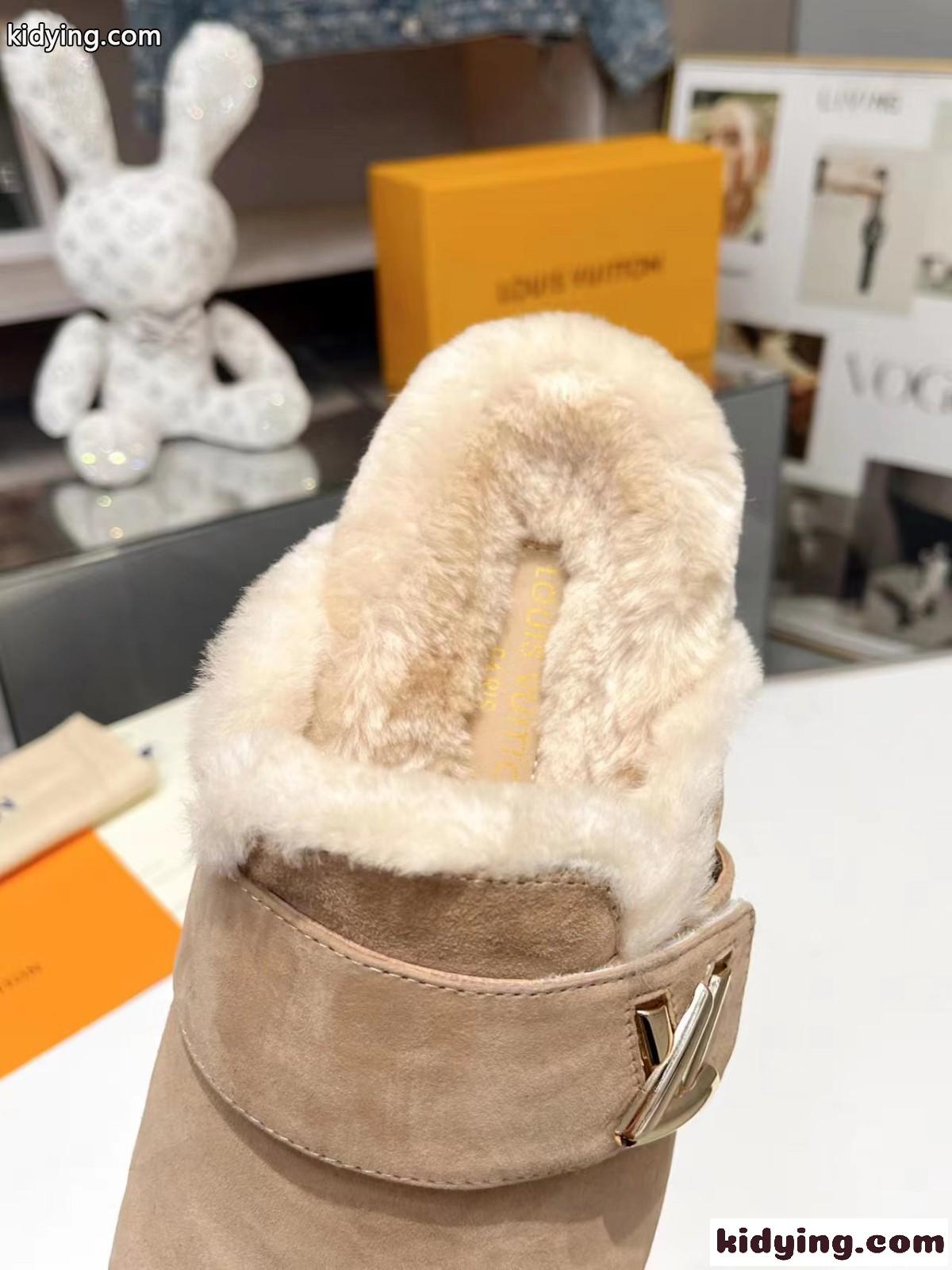 秋冬 ふわふわ LV コージー ミュール サンダル ルイヴィトン サンダル コピー ベージュ-1