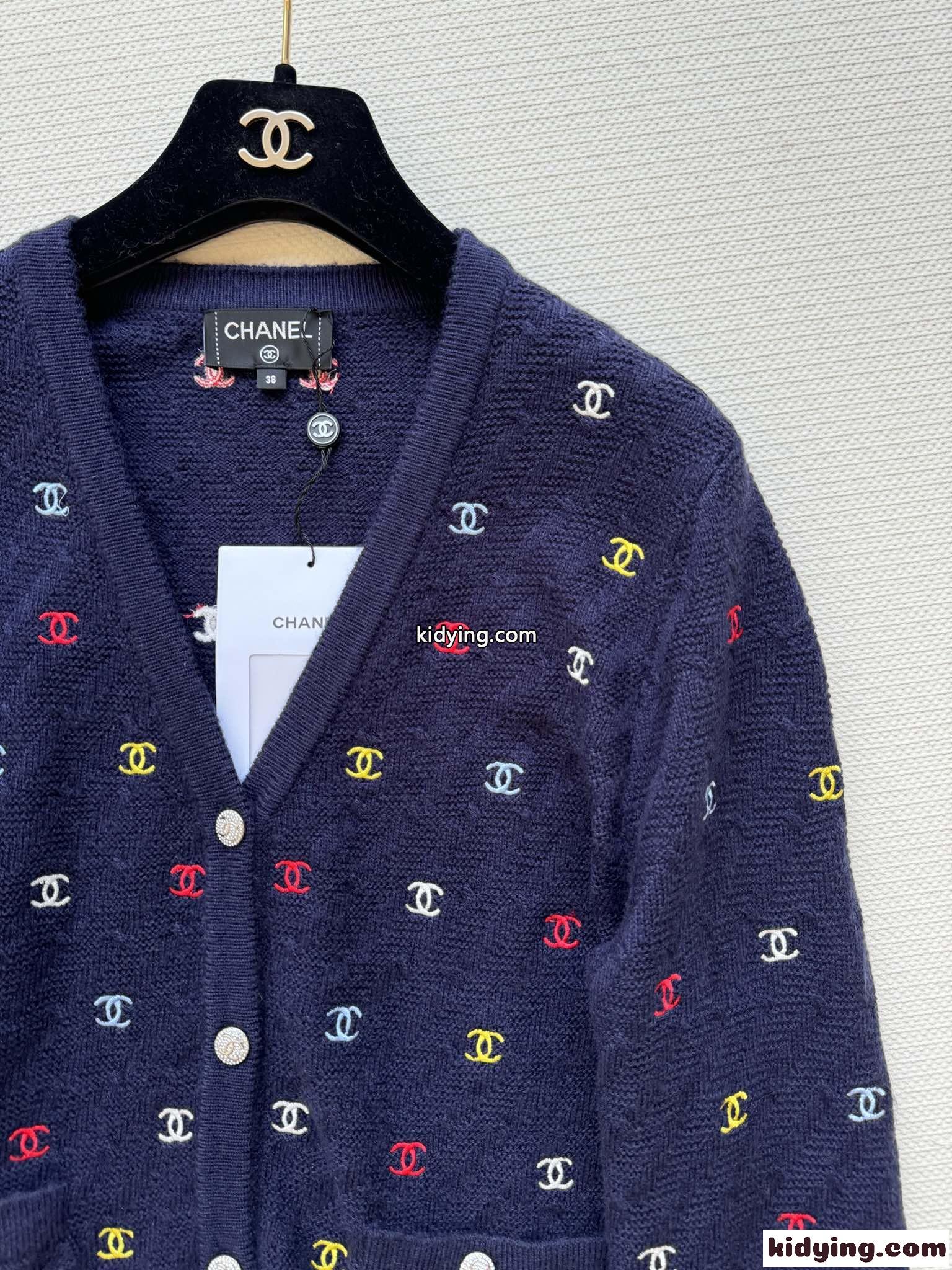 おしゃれ CCロゴ シャネル ニット コピー Vネック カーディガン ブルー-1