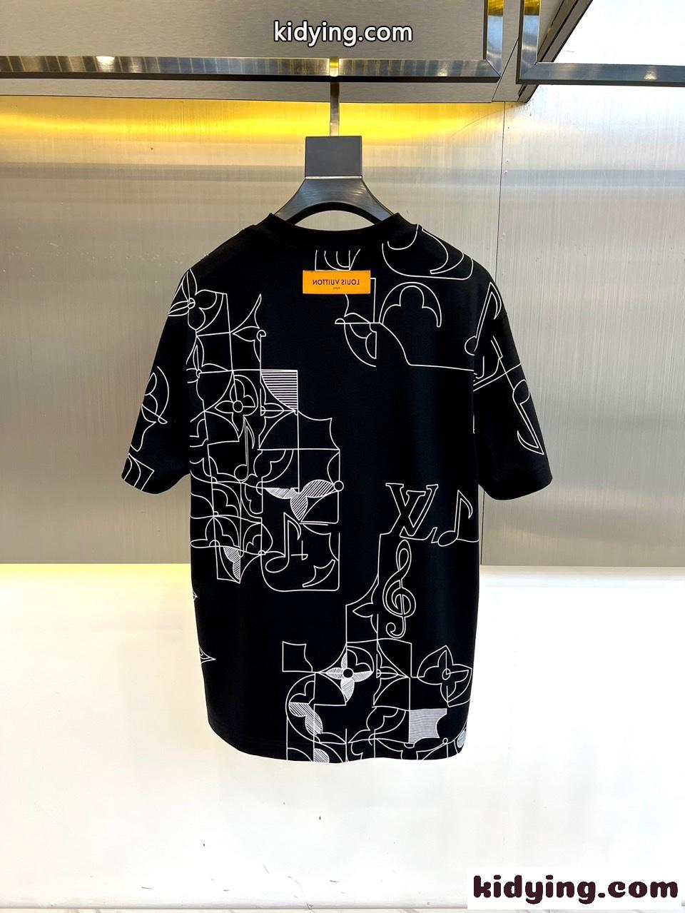 合わせやすい プリント クルーネック Tシャツ ルイ・ヴィトン 半袖Tシャツ コピー ブラック-4